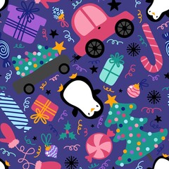 Cartoon Christmas animals seamless penguin and candy and gift box pattern for wrapping paper and fabrics