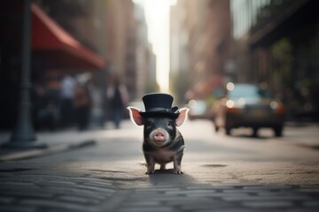 Funny and cute mini pig in a hat in the middle of the street.