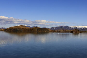 Mývatn is a shallow lake located in an area of active volcanism in northern Iceland, near the Krafla volcano
