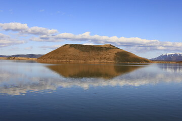 Mývatn is a shallow lake located in an area of active volcanism in northern Iceland, near the Krafla volcano