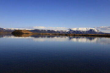 Mývatn is a shallow lake located in an area of active volcanism in northern Iceland, near the Krafla volcano