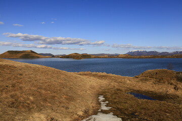 Mývatn is a shallow lake located in an area of active volcanism in northern Iceland, near the Krafla volcano
