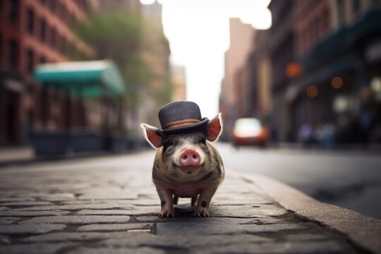 Funny and cute mini pig in a hat in the middle of the street.