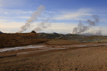Hverarönd is a hydrothermal site in Iceland with hot springs, fumaroles, mud ponds and very active solfatares. It is located in the north of Iceland