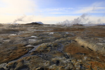 Hverarönd is a hydrothermal site in Iceland with hot springs, fumaroles, mud ponds and very active solfatares. It is located in the north of Iceland