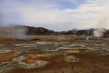 Hverarönd is a hydrothermal site in Iceland with hot springs, fumaroles, mud ponds and very active solfatares. It is located in the north of Iceland
