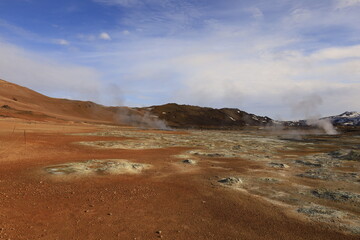 Hverarönd is a hydrothermal site in Iceland with hot springs, fumaroles, mud ponds and very active solfatares. It is located in the north of Iceland