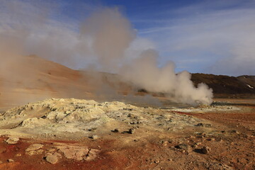 Hverarönd is a hydrothermal site in Iceland with hot springs, fumaroles, mud ponds and very active solfatares. It is located in the north of Iceland