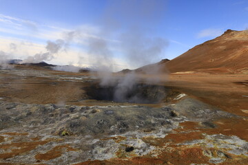 Hverarönd is a hydrothermal site in Iceland with hot springs, fumaroles, mud ponds and very active solfatares. It is located in the north of Iceland