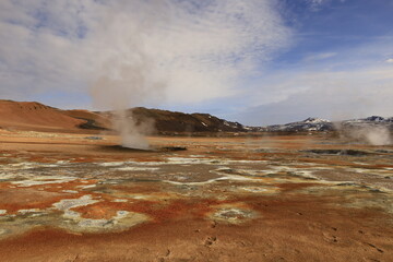 Hverarönd is a hydrothermal site in Iceland with hot springs, fumaroles, mud ponds and very active solfatares. It is located in the north of Iceland, east of the town of Reykjahlíð