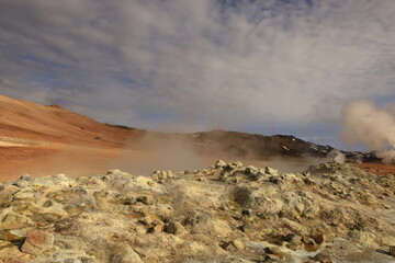 Hverarönd is a hydrothermal site in Iceland with hot springs, fumaroles, mud ponds and very active solfatares. It is located in the north of Iceland, east of the town of Reykjahlíð