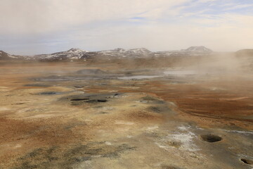 Hverarönd is a hydrothermal site in Iceland with hot springs, fumaroles, mud ponds and very active solfatares. It is located in the north of Iceland, east of the town of Reykjahlíð
