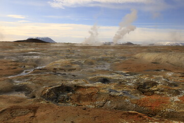 Hverarönd is a hydrothermal site in Iceland with hot springs, fumaroles, mud ponds and very active solfatares. It is located in the north of Iceland, east of the town of Reykjahlíð