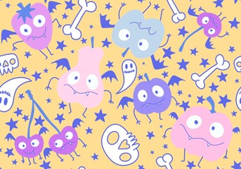Autumn cartoon harvest season Halloween fruit monsters vampire pattern for wrapping paper and fabrics and linens