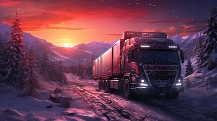 Futuristic modern truck in snowy forest, neon sunset. Generative AI