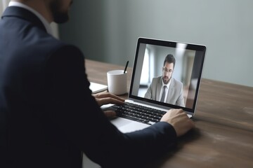 Man working from home, using Zoom app on laptop for video conference.