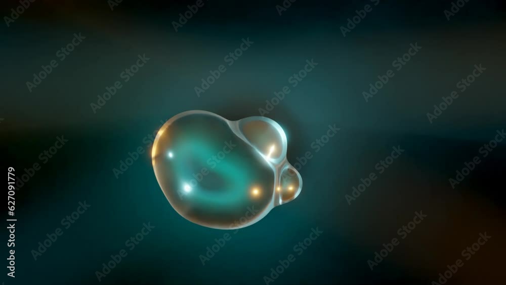 Poster loop 3d animation of liquid droplets merging in space. abstract background of moving spheres, drops,