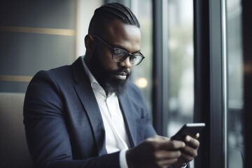 Black man with beard using mobile phone
