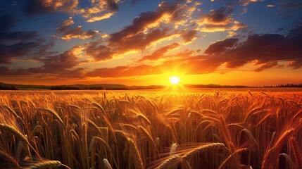 A field with wheat and a beautiful neon sunset. Generative AI