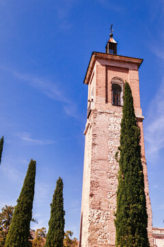 Torre de Santa Maria Alcala de Henares, historic bell tower monument detail in Madrid, Spain. 
