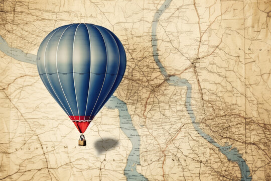 Hot air baloon flying over a map