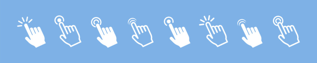 Hand click vector icon set on blue background. Clicking finger icons. Touch here with finger.