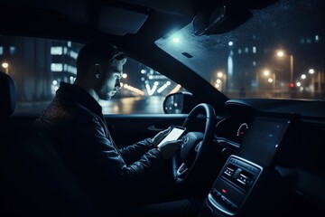 While driving in the city at night, a man uses a GPS app on his smartphone to search for a destination or address.