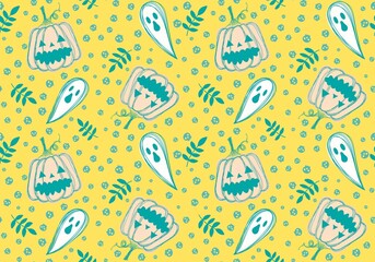 Autumn cartoon harvest vegetable seamless Halloween pumpkins and ghost pattern for wrapping paper and fabrics