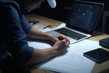 Male engineer or architecture man working on laptop and plans