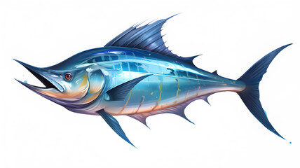blue marlin fish illustration isolated on transparent background ,spear fish isolated cut out ,generative ai