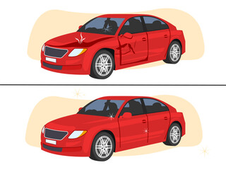 Car repair, before and after the repair of the crashed car.