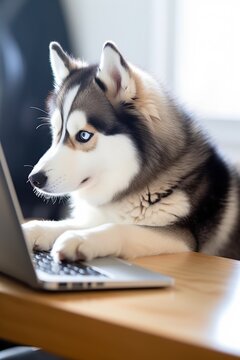 Cute siberian husky dog with laptop at home.