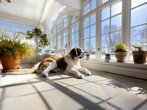 St Bernard puppy looking out of a snowy window