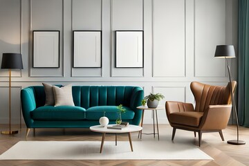Three blank picture frame mockup in home interior design. Living room, commode with leather sofa, lamp and vases