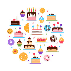 Naklejka premium Colorful pastry circle concept on white background. Food sweetness elements set. Danish pastries patisserie for cafe shop restaurant menu banner design. Cake muffin bun cookie pie vector illustration.