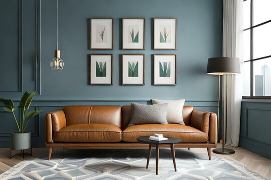 Six blank picture frame mockup in home interior design. Living room, commode with brown leather sofa, lamp and vases