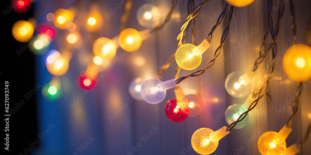 Wall mural colourful string lights on the wooden fence.