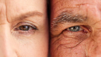 Obrazy na Plexi  Face, eyes and closeup of old couple with wrinkles on skin for natural aging process in retirement. Portrait, elderly man and senior woman looking with vision, nostalgia or perception of grandparents