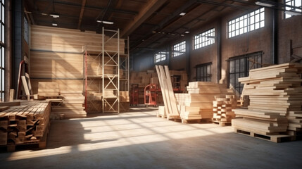 Warehouse with a variety of wood for construction and renovation.