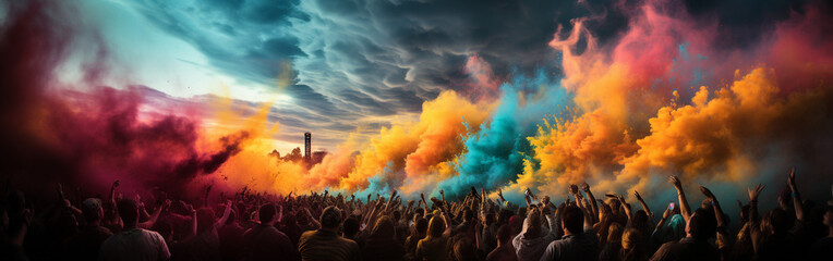 Obraz premium Fireworks Spectacular: Panoramic Crowd with Colorful Smoke (Illustration)