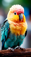 A colorful parrot is sitting on a wooden post