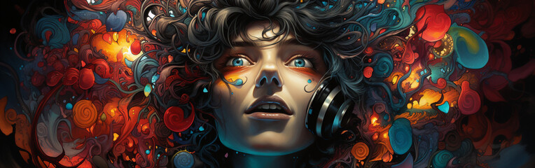 Sonic Imagination: Woman Portrait with Headphones and Art Makeup (Illustration)