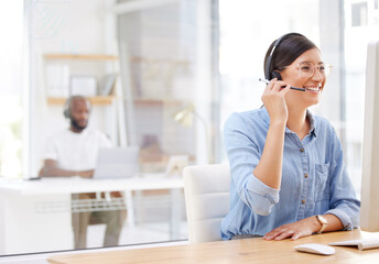 Call center, computer and happy woman, virtual consultant or advisor in customer support, online...
