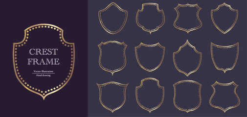 Crest frame set. Gold shiny badge simple shaped vector design.