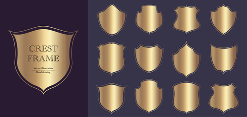 Crest frame set. Gold shiny badge flat vector design.