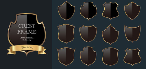 Crest frame set. Gold and black shiny badge vector design.