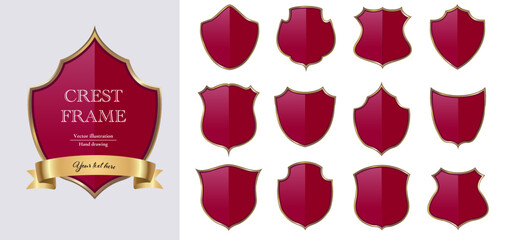 Crest frame set. Gold and red shiny badge vector design.