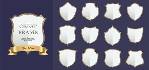 Crest frame set. Gold and white shiny badge  vector design.