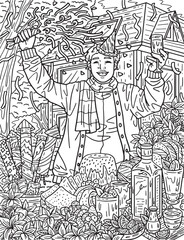 New Year Man and confetti Adults Coloring Page 