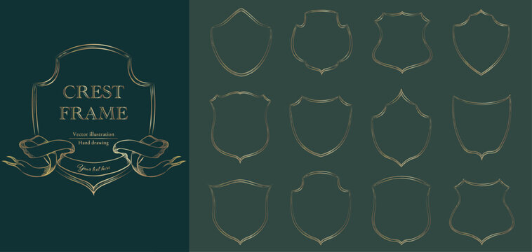 Crest frame set. Vintage gold line vector illustration.